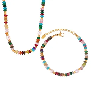 Parure de Bijoux Bohême Pierre Naturelle Perle d'Eau Douce Collier Et Bracelet Perlés en Acier Inoxydable pour Femme