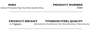 Detailed specifications showing titanium steel material and natural tiger eye stone ring features