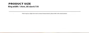 Size guide for tiger eye steel ring showing 1.4cm width and US sizes 6 7 8