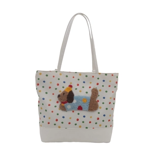Minimalist white tote bag with colorful polka dots and cute puppy embroidery patch