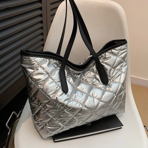 Sac Fourre-tout Matelassé pour Femmes Grande Capacité Métallique Motif Losanges Sac à Épaule Puffer pour Travail Voyage Quotidien Décontracté