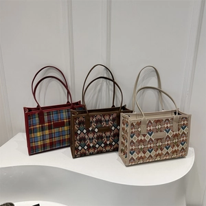 Three stylish large-capacity tote bags featuring classic tartan and geometric patterns