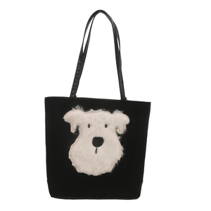 Black tote bag featuring a cute white plush puppy patch and long shoulder straps