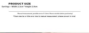 Detailed size chart for C-shaped dopamine earrings measuring 2.3cm by 2.9cm