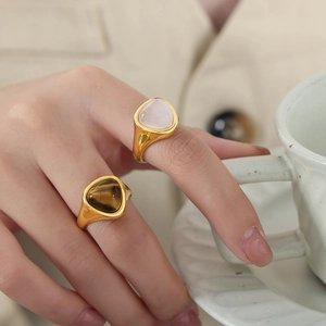 Luxury 18k gold plated stainless steel rings with tiger eye and quartz stone on hand
