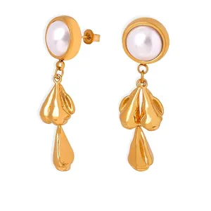 French Retro High Gloss Shell Artificial Pearl Dangle Earrings Titanium Steel 18K Gold Plated Baroque Style Jewelry For Women