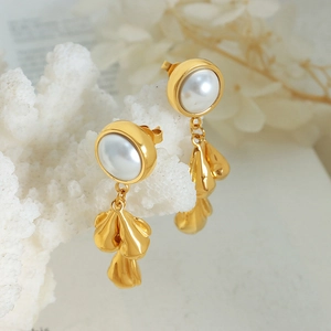 French baroque style 18k gold plated pearl petal drop earrings for women with high gloss