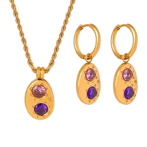 Collier Et Boucles D'oreilles En Acier Titane Plaqué Or 18K Pendentif Ovale Zircon Étoile Chaîne Torsadée Femmes