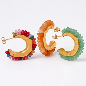 Vintage C-Shape Hoop Earrings Natural Yellow Agate Green Ghost Stone Beaded Titanium Steel 18K Gold Plated For Women