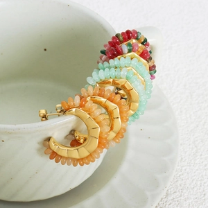 Elegant C-shaped titanium steel earrings with colorful natural stone beads on a cup edge