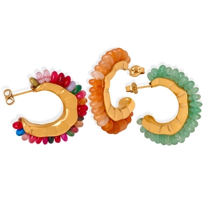 Vintage style chunky C-shape hoop earrings with colorful natural beads and gold finish