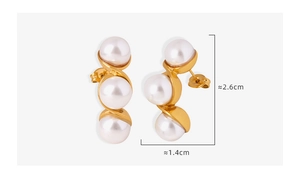 Detail view of French vintage gold twist earrings with triple pearls and size specs