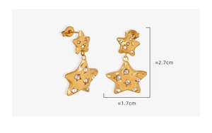 Detailed view of 18k gold double star earrings with crystals and size dimensions