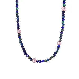 Handmade Faceted Lapis Lazuli And Phoenix Stone Bead Necklace With Freshwater Pearls Titanium Steel Retro Clavicle Chain For Women