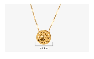 Detailed view of golden pendant with hollowed-out Chinese Fu character and 1.4cm diameter