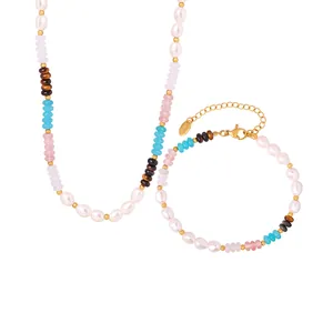 Collier Et Bracelet En Perle D'eau Douce Naturelle Oeil De Tigre Turquoise Quartz Rose Acier Inoxydable Pour Femme