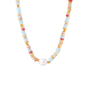 Bohemian Multicolor Natural Stone Beaded Necklace With Large White Baroque Freshwater Pearl Titanium Steel Gold Chain