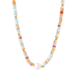 Handmade freshwater pearl necklace with blue and orange stone beads on white background