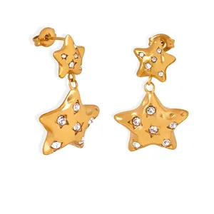 Textured Double Star Drop Earrings Titanium Steel 18K Gold Plated Sparkling Cubic Zirconia Fashion Trendy Jewelry For Women