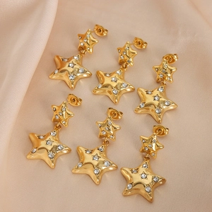 Elegant 18k gold plated double star drop earrings with sparkling rhinestones on silk