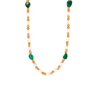 Collana Di Perline Con Pietra Naturale E Perle D'acqua Dolce Acciaio Al Titanio Placcato Oro 18K Vintage Elegante Gioielli Da Donna
