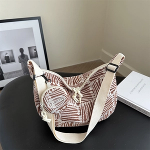 Women Geometric Plaid Pattern Nylon Hobo Bag Large Capacity Wide Strap Shoulder Crossbody Bag With Round Coin Purse Tote