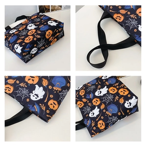 Detailed views of Halloween tote bag with pumpkin, ghost, and witch hat prints