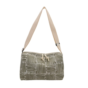 Green and white geometric stripe canvas tote bag with adjustable shoulder strap