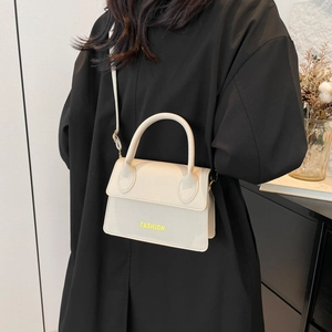 Chic beige crossbody square bag with top handle and yellow FASHION letter print