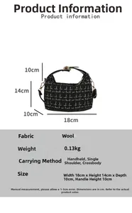 Detailed size specifications and material specs for black tweed crescent handbag