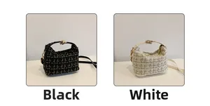 Detail of tweed crossbody bags in black and white with golden metal buckle hardware