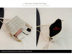 Detail view of beige tweed shoulder bag interior showing main compartment for daily items