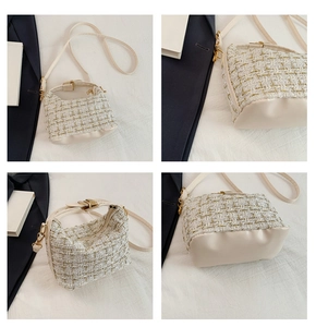 Detailed views of woolen underarm bag showing tweed texture, leather base and gold buckle