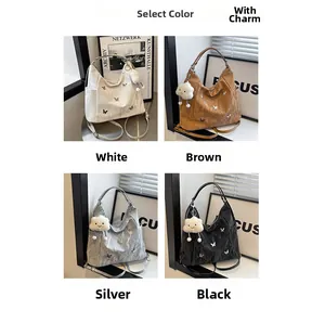 Collage of four large capacity crossbody bags in white, brown, silver and black colors