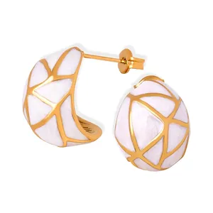 Boucles D'oreilles Puces Émail Grille Géométrique Rétro Acier Titane Plaqué Or 18K Forme Goutte Bijoux Pour Femmes