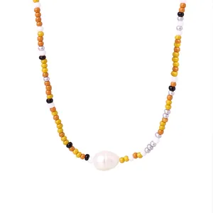 Handmade Glass Seed Bead Necklace With Natural Freshwater Pearl Titanium Steel 18K Gold Plated Bohemian Collarbone Chain For Women