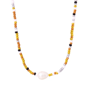 Elegant beaded necklace with colorful glass beads and a natural freshwater pearl centerpiece