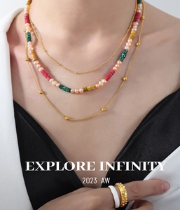 Detail of layered gold beaded necklace with colorful stones and freshwater pearls