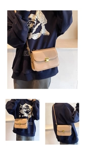 Three views showing the golden metal buckle and smooth texture of the beige crossbody bag