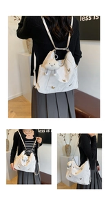 Three-way view of white versatile tote bag with gold butterfly embroidery and cloud charm