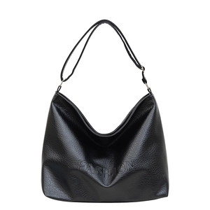 Large black leather tote bag with FASHION embossed logo for casual commuting