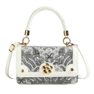 Modern Chinese style white crossbody bag with classic pattern and gold flower buckle