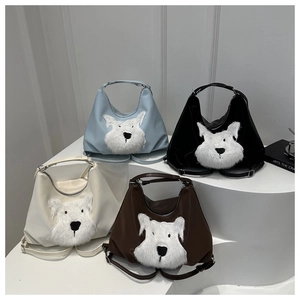 Sac Fourre-tout Chien Mignon Femmes Cuir PU Patch Schnauzer Peluche Sac à Bandoulière Grande Capacité Sac Hobo École