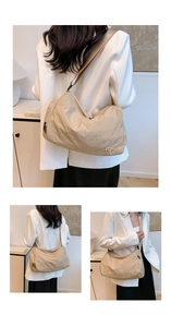 Three views showing large beige nylon crossbody bag on model in domestic setting