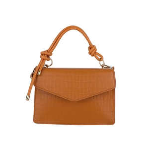 Moderne braune Handtasche mit Krokodilprägung, geknotetem Griff und goldener Hardware