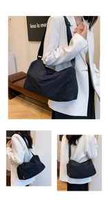 Detailed views of a black large capacity nylon crossbody bag with adjustable strap