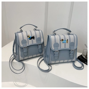 Mini PU leather backpack with dachshund embroidery and striped fabric panel