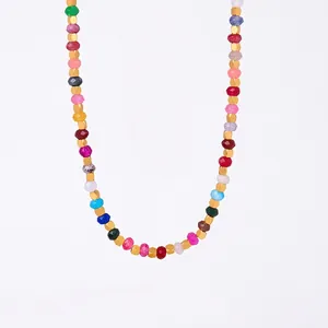 Multi-Color Tourmaline Beaded Necklace Bracelet Titanium Steel Cross Pendant Religious Bohemian Jewelry For Women