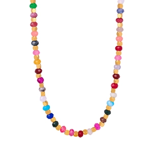 Colorful tourmaline beaded titanium steel necklace with gold hexagonal spacers on white background