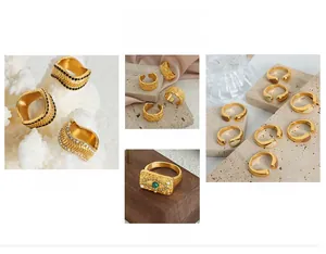 Detailed showcase of assorted vintage gold plated rings with colorful zircon inlays